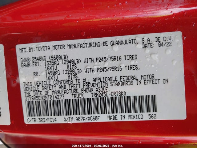 3TYSX5EN3NT014277 Toyota Tacoma Sr5