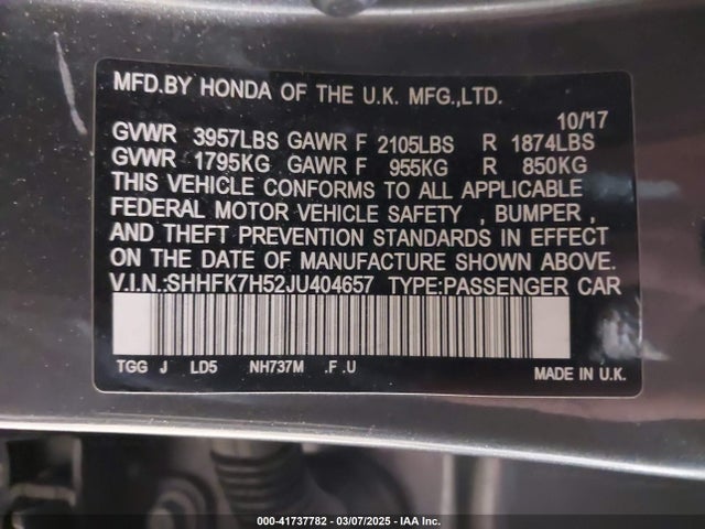 SHHFK7H52JU404657 Honda CIVIC EX