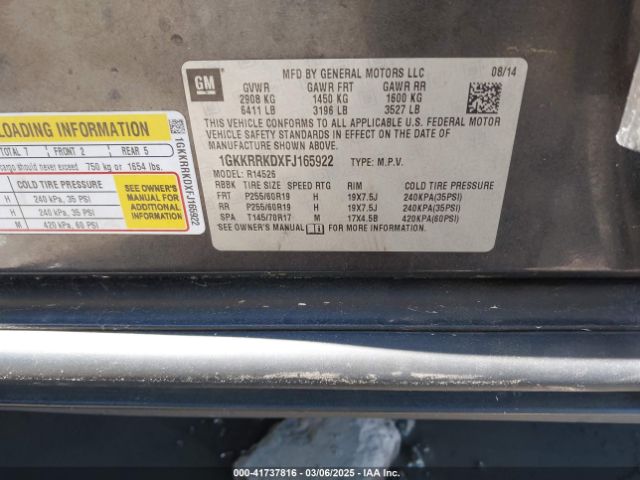 1GKKRRKDXFJ165922 GMC Acadia Slt-1