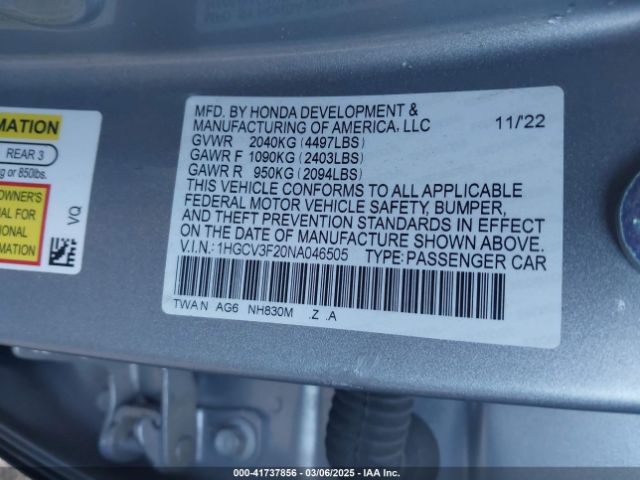 1HGCV3F20NA046505 Honda Accord Hybrid Sport