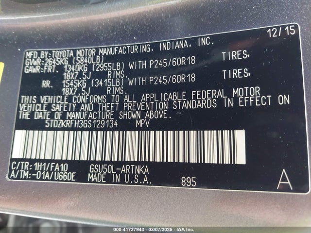 5TDZKRFH3GS129134 Toyota 2gr-fe