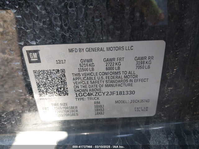 Aukcja sprzedaży 2018 Chevrolet Silverado 3500hd Lt, vin: 1GC4KZCY2JF181330, numer aukcji: 41737966