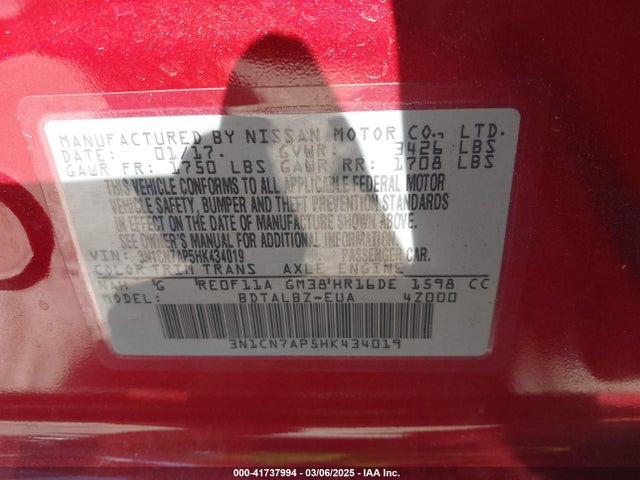 3N1CN7AP5HK434019 Nissan Versa 1.6 Sv
