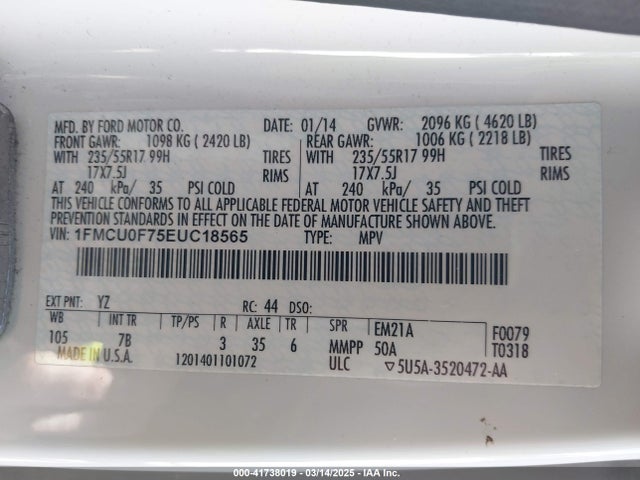 Ford ESCAPE S 2014 1FMCU0F75EUC18565 Image 9