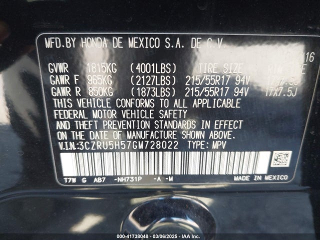 3CZRU5H57GM728022 Honda HR-V EX