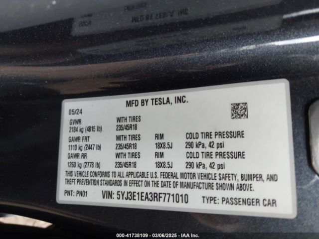 5YJ3E1EA3RF771010 Tesla Model 3 Long Range Dual Motor All-wheel Drive/rear-wheel Drive