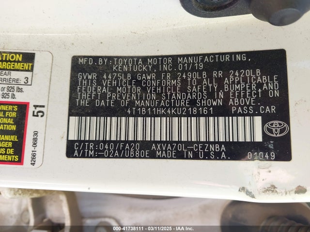 4T1B11HK4KU218161 Toyota CAMRY LE