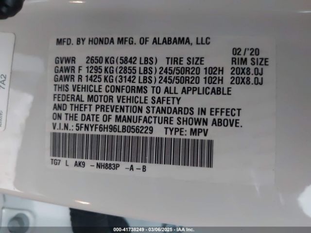 5FNYF6H96LB056229 Honda Pilot Awd Touring 8 Passenger
