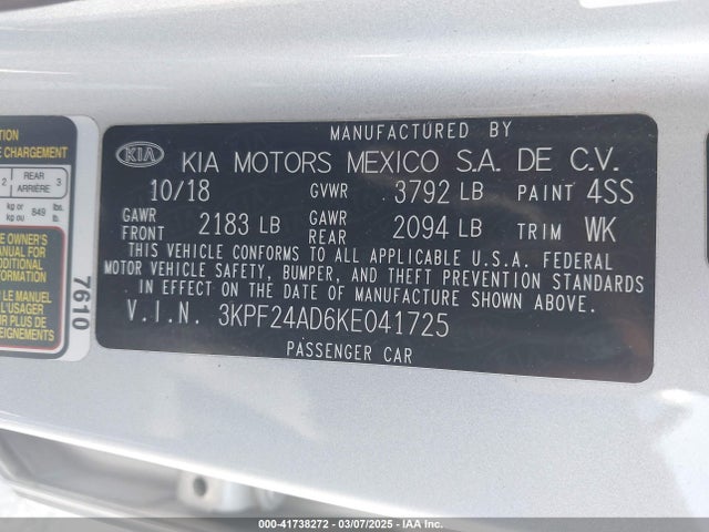 3KPF24AD6KE041725 KIA Forte Lxs
