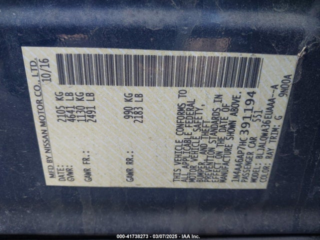 Nissan Maxima 3.5 S 2017 1N4AA6AP7HC391194 Image 9
