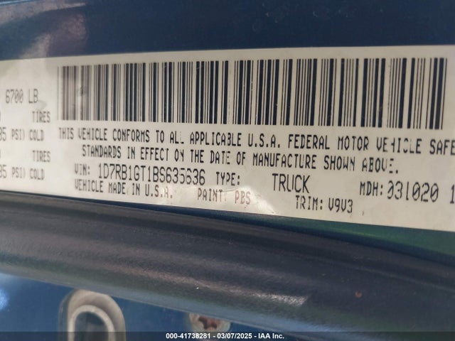 Aukcja sprzedaży 2011 Ram Ram 1500 Slt, vin: 1D7RB1GT1BS635636, numer aukcji: 41738281