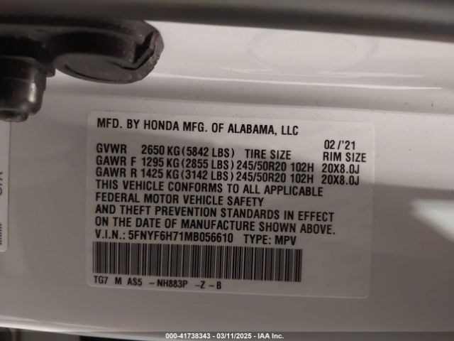 5FNYF6H71MB056610 Honda Pilot Awd Black Edition