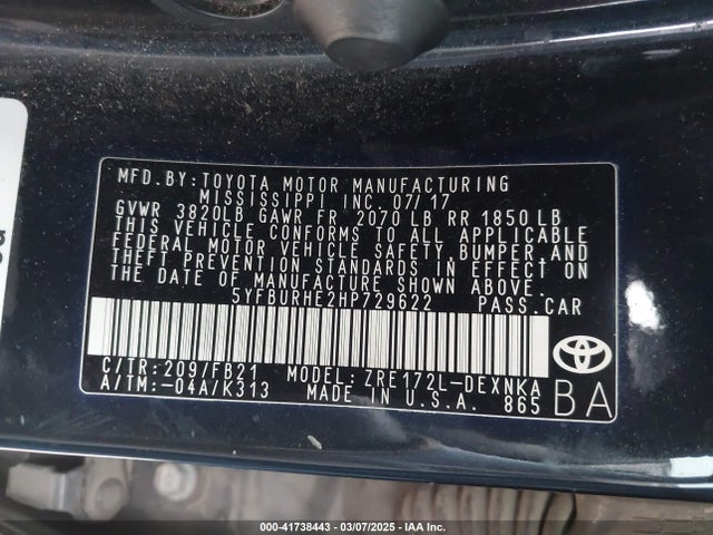 5YFBURHE2HP729622 Toyota COROLLA LE