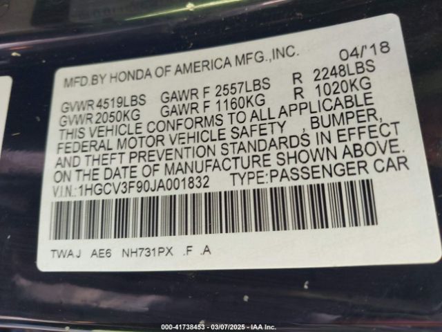1HGCV3F90JA001832 Honda Accord Hybrid Touring