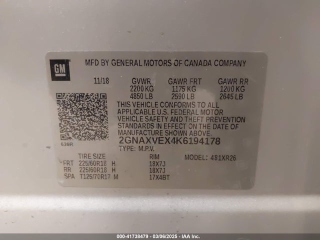 2GNAXVEX4K6194178 Chevrolet EQUINOX LT