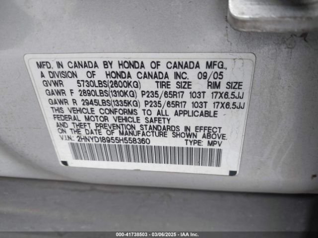 2005 ACURA MDX 2HNYD18955H558360 Photo 8
