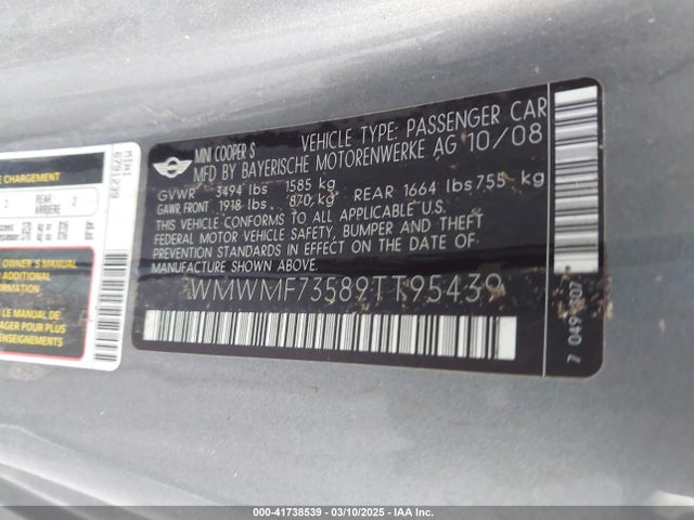 2009 MINI COOPER S WMWMF73589TT95439 Photo 8