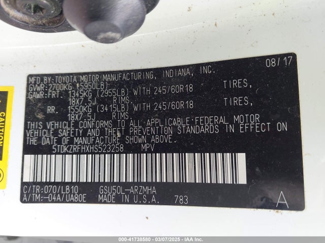 5TDKZRFHXHS523258 Toyota Highlander Xle