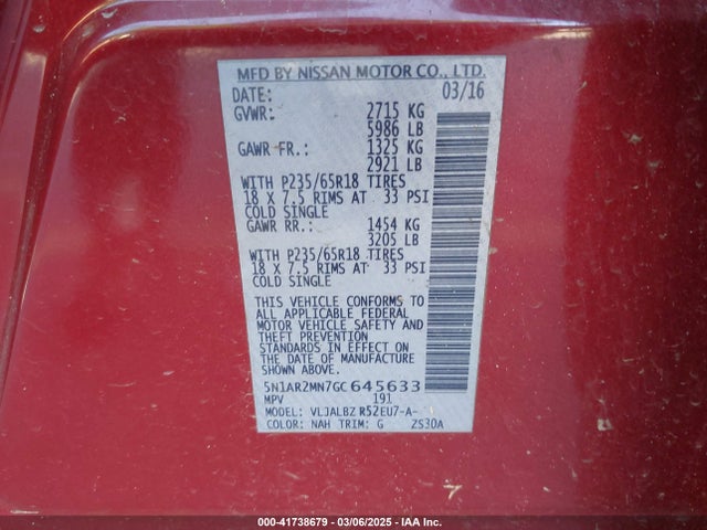 5N1AR2MN7GC645633 Nissan Pathfinder S