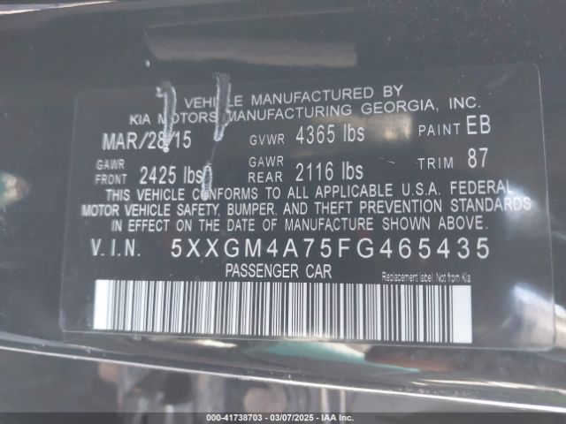 5XXGM4A75FG465435 KIA Optima Lx