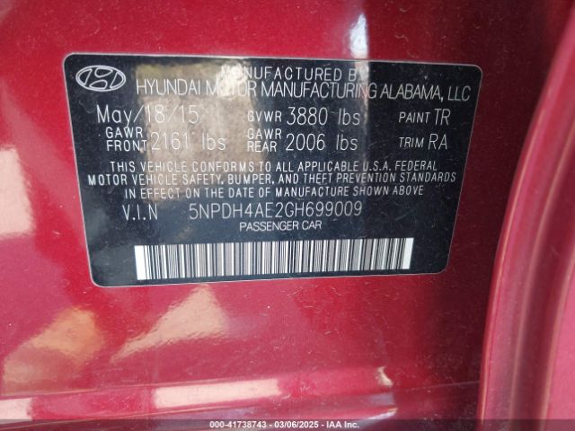 5NPDH4AE2GH699009 Hyundai ELANTRA SE