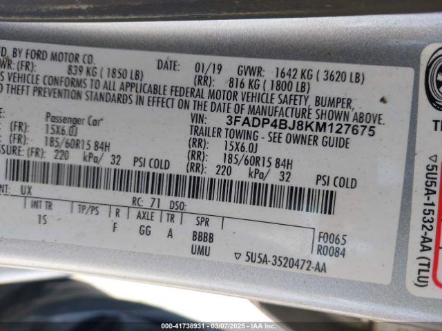 3FADP4BJ8KM127675 Ford FIESTA SE