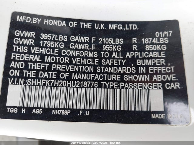 SHHFK7H20HU218776 Honda Civic Lx