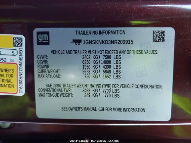 1GNSKNKD3NR200915 Chevrolet Tahoe 4wd Lt