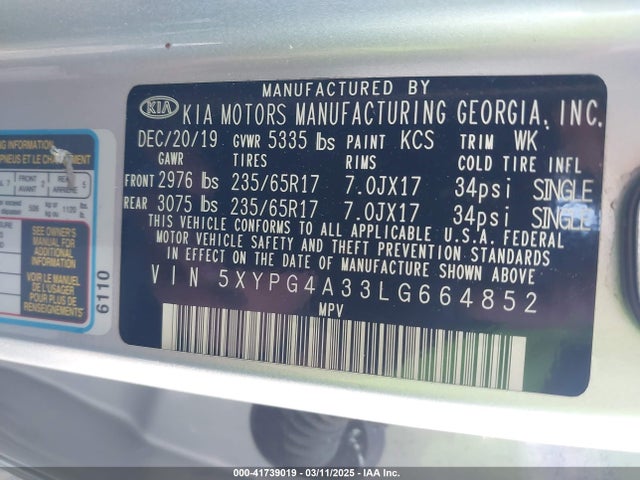 5XYPG4A33LG664852 KIA Sorento 2.4l Lx
