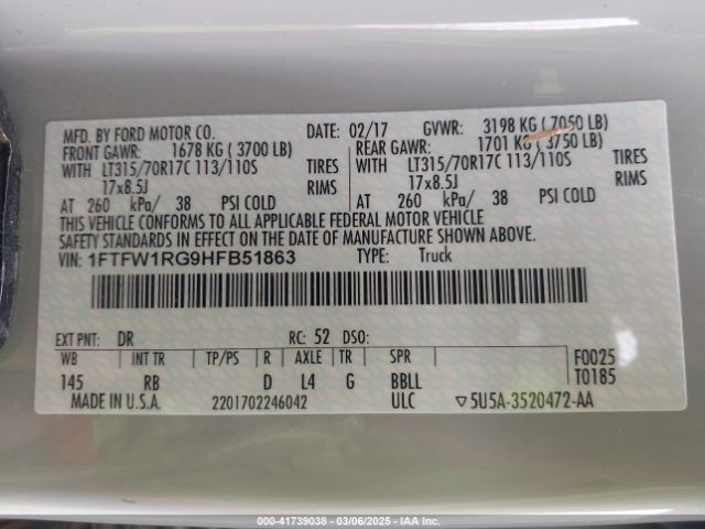 1FTFW1RG9HFB51863 Ford F-150 Raptor