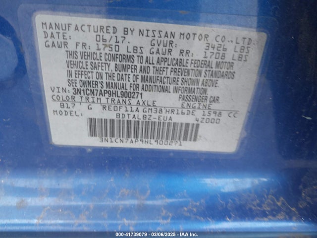 3N1CN7AP9HL900271 Nissan Versa 1.6 Sv