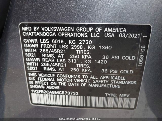 1V2FR2CA8MC573733 Volkswagen Atlas 3.6l V6 Sel Premium R-line