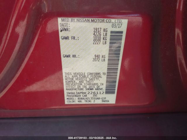 1N4AL3AP9HC226112 Nissan Altima 2.5 Sr