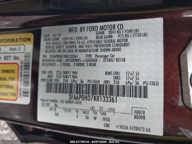 Aukcja sprzedaży 2019 Ford Fusion Se, vin: 3FA6P0HD7KR133361, numer aukcji: 41739134