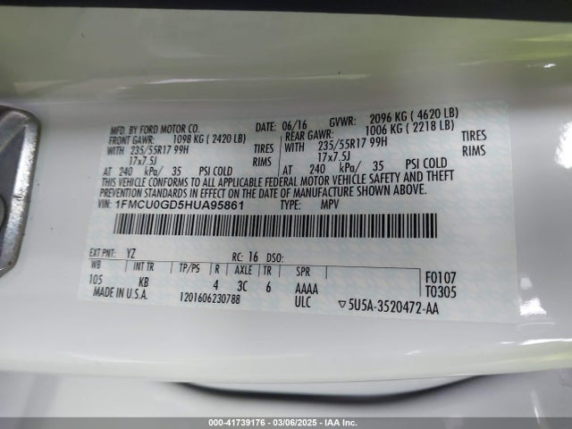 1FMCU0GD5HUA95861 Ford ESCAPE SE