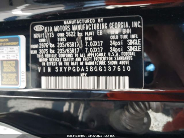 5XYPGDA58GG137610 KIA Sorento 3.3l Lx