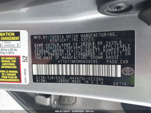 4T1G11AK5MU609595 Toyota CAMRY SE