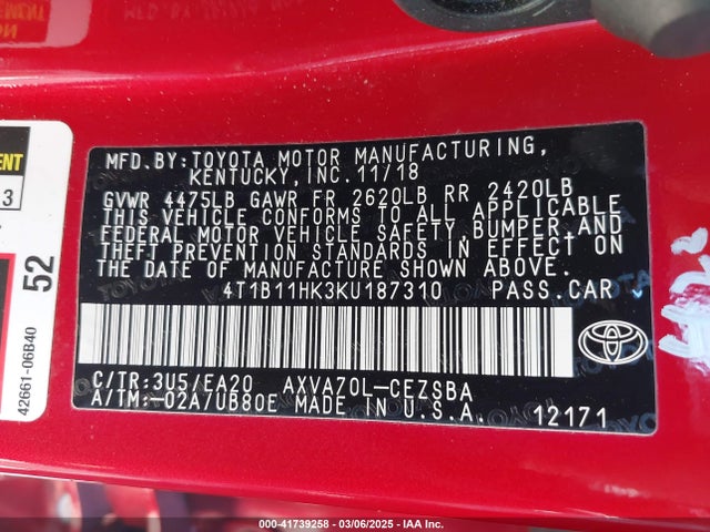 4T1B11HK3KU187310 Toyota CAMRY SE