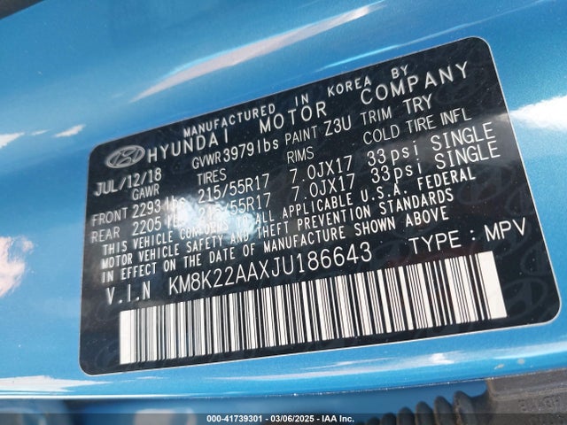 KM8K22AAXJU186643 Hyundai Kona Sel