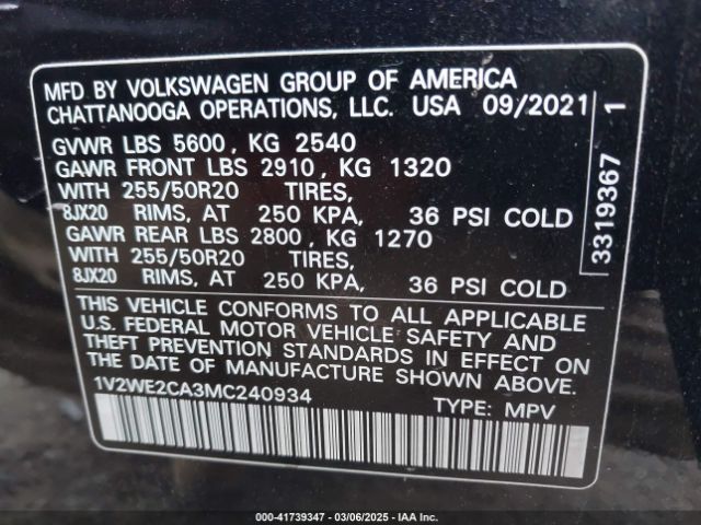 1V2WE2CA3MC240934 Volkswagen Atlas Cross Sport 3.6l V6 Se W/technology