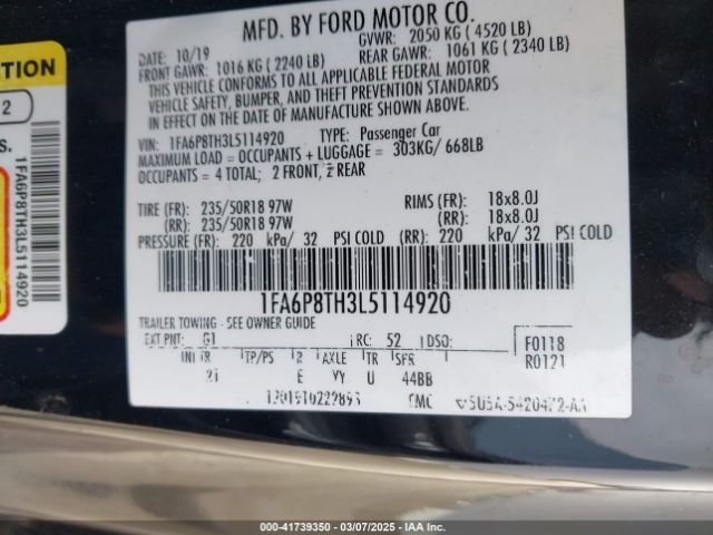 1FA6P8TH3L5114920 Ford Mustang Ecoboost Fastback