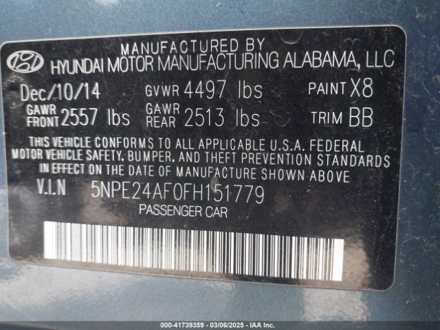 5NPE24AF0FH151779 Hyundai SONATA SE