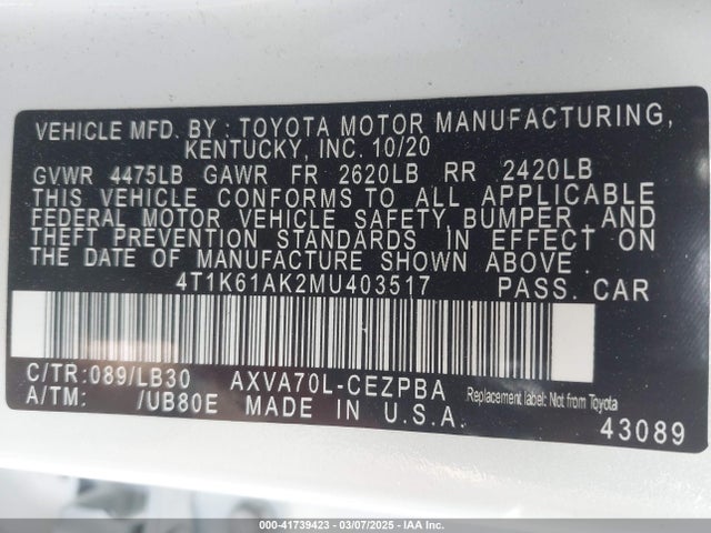 4T1K61AK2MU403517 Toyota CAMRY XSE