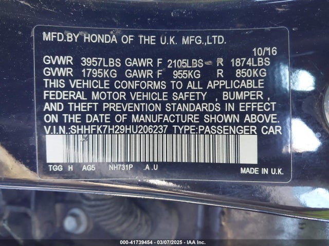 SHHFK7H29HU206237 Honda Civic Lx