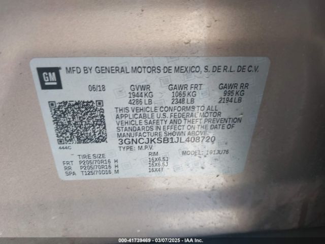 3GNCJKSB1JL408720 Chevrolet TRAX LS