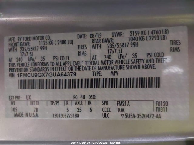 1FMCU9GX7GUA64379 Ford ESCAPE SE