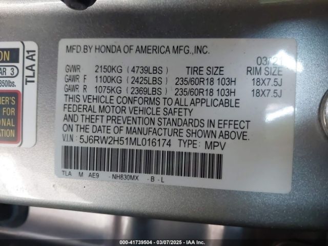 5J6RW2H51ML016174 Honda Cr-v Awd Ex