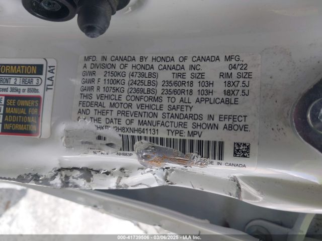 2HKRW2H8XNH641131 Honda Cr-v Awd Ex-l
