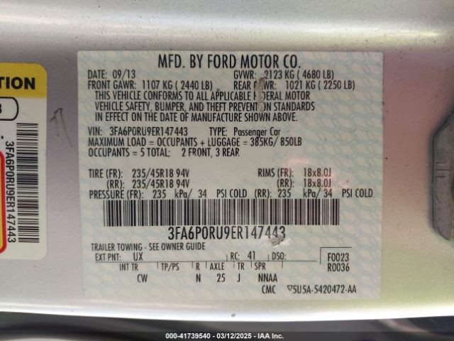 3FA6P0RU9ER147443 Ford Fusion Hybrid Titanium