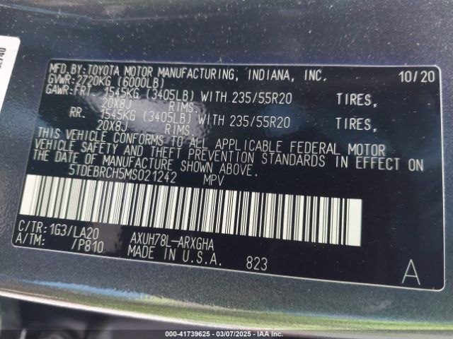 5TDEBRCH5MS021242 Toyota Highlander Hybrid Platinum